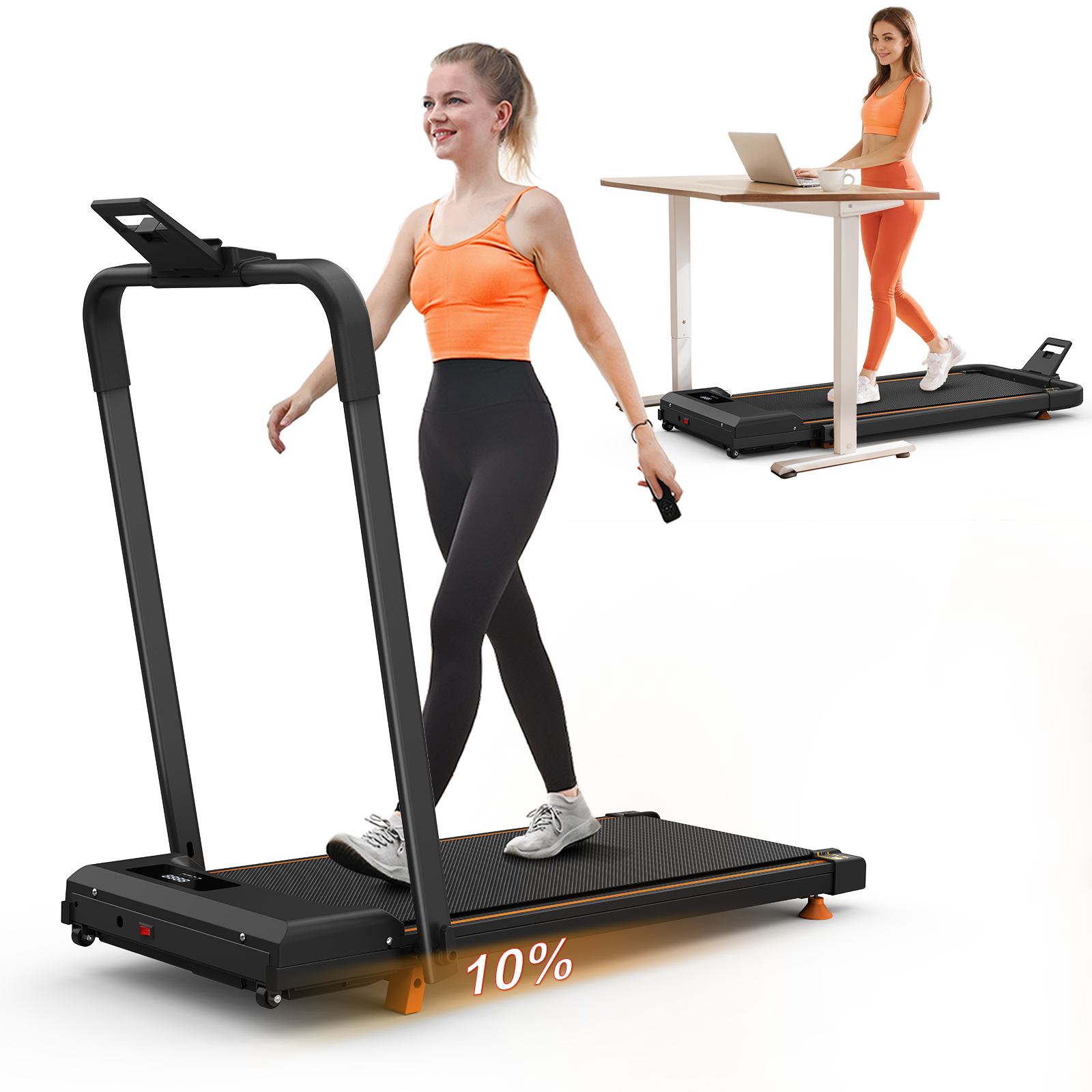 Tapis de course pliable 3 en 1 noir avec inclinaison, haut-parleur Bluetooth et mode bureau