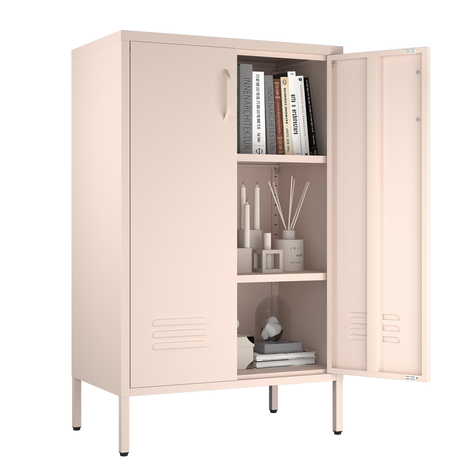 Détail ventilation et pieds réglables armoire métal rose