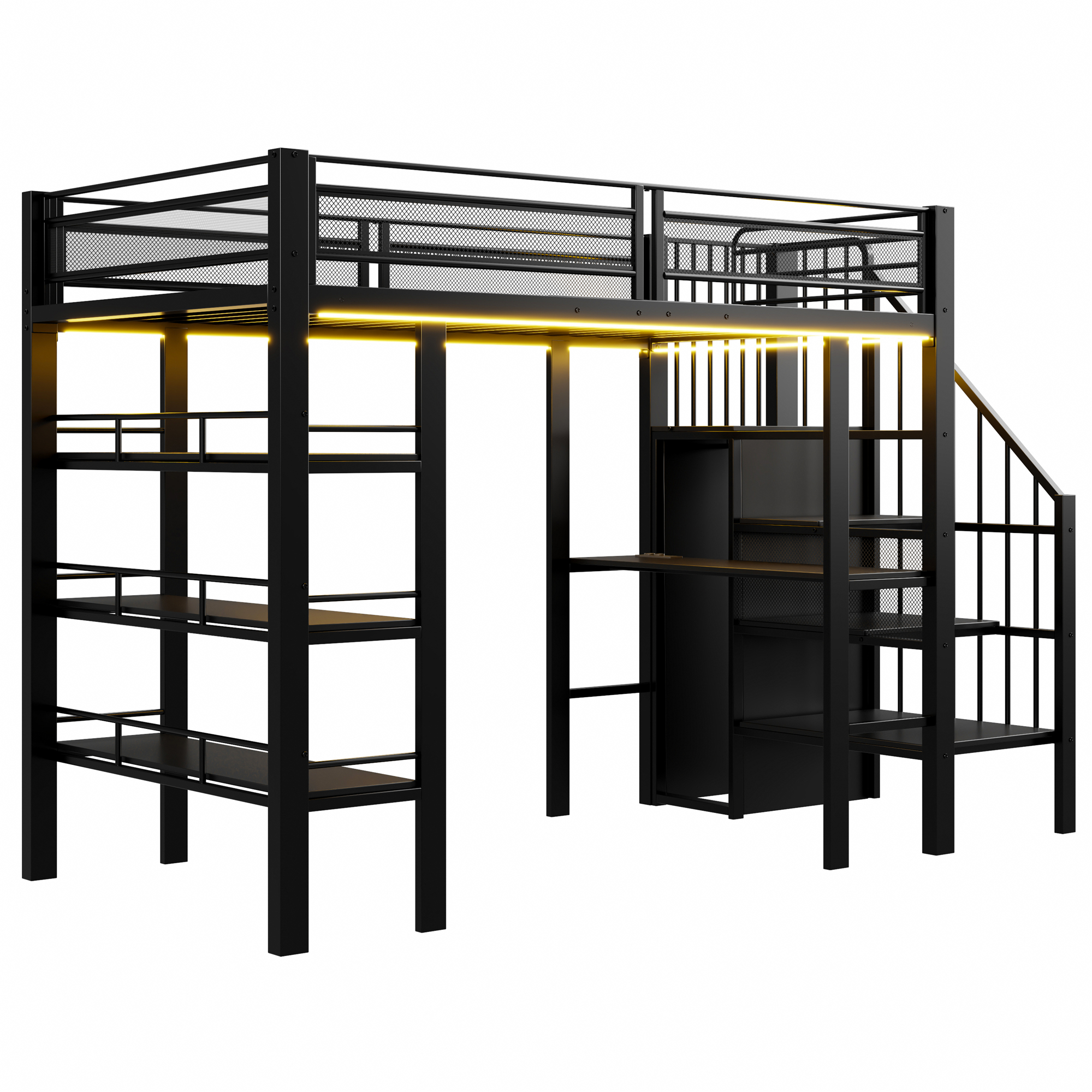 Lit mezzanine noir complet avec bureau et LED
