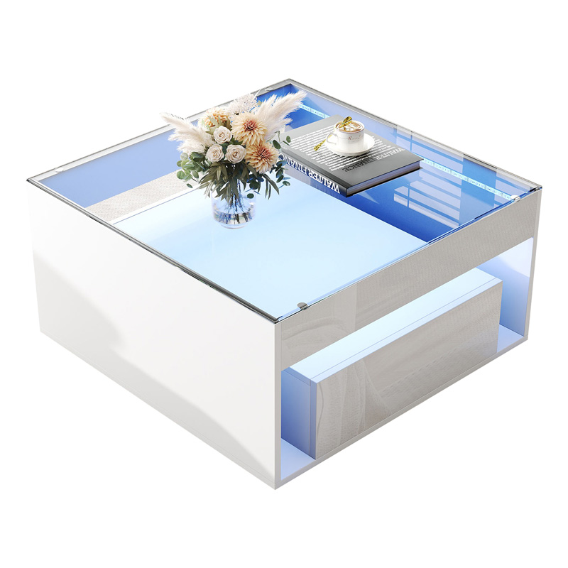 Table basse blanche brillante avec plateau en verre trempé, 2 tiroirs et éclairage LED