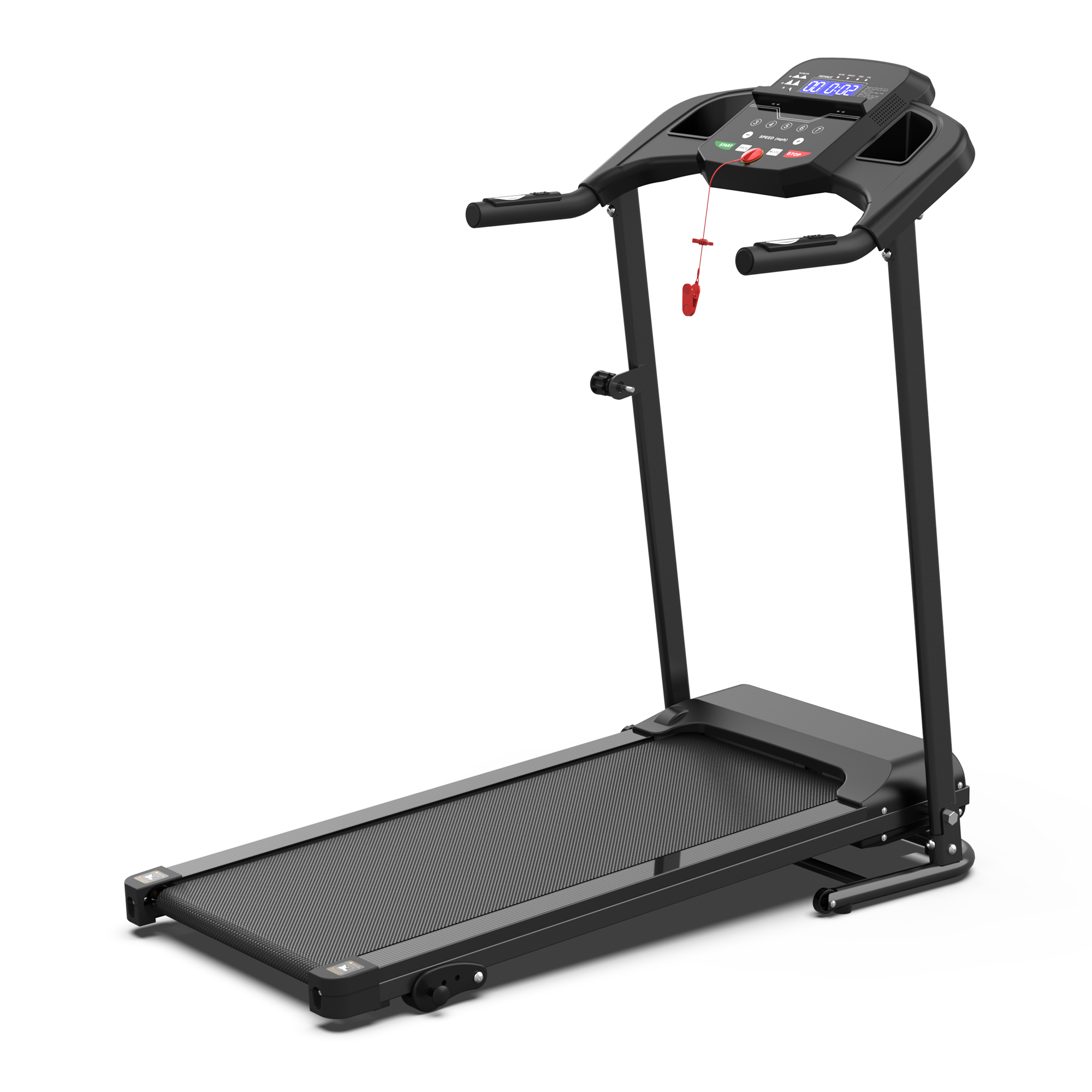 Tapis de course pliable noir avec inclinaison, poignées, écran LED et roulettes de déplacement