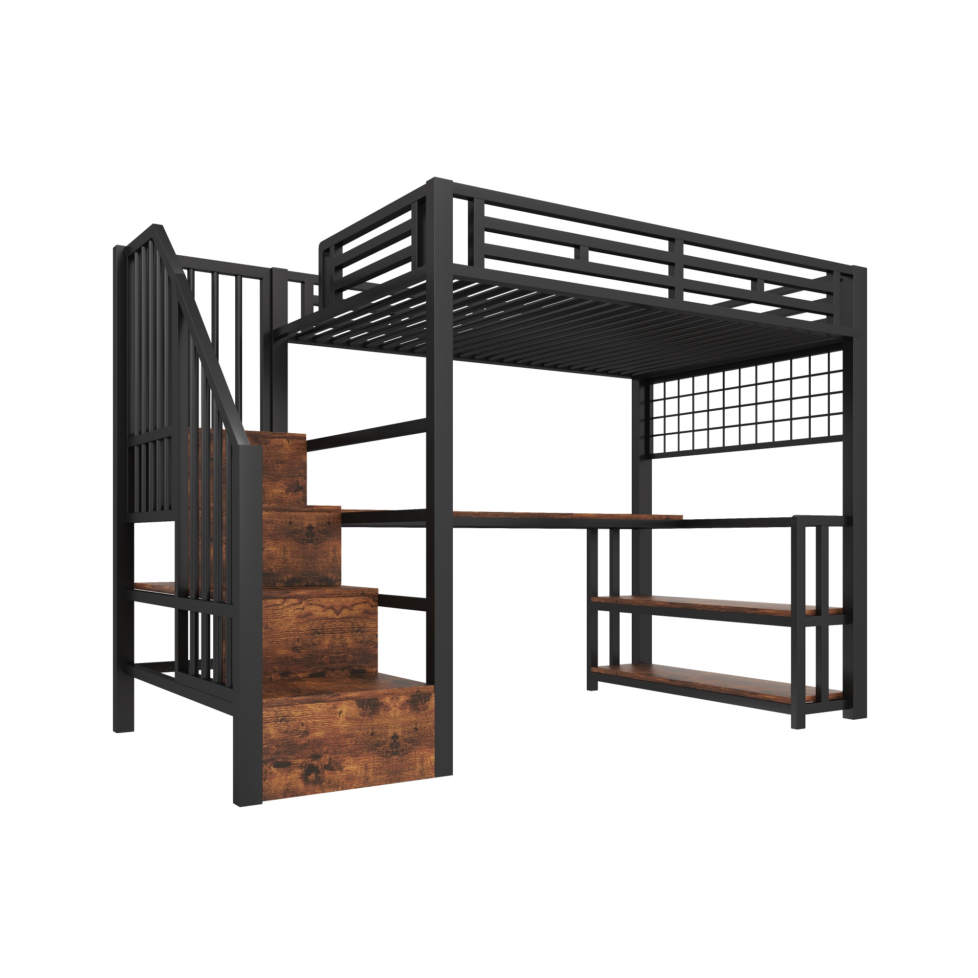 Lit mezzanine vue latérale grille suspendue étagère LED