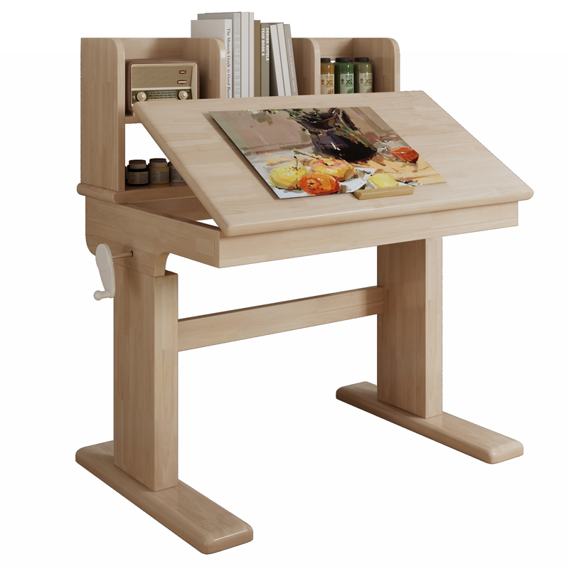 Bureau enfant en bois naturel réglable en hauteur avec plateau inclinable et rangements