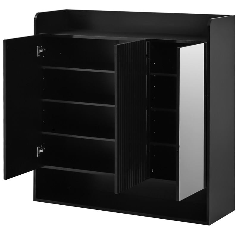 Meuble à chaussures noir avec miroir pleine longueur, portes texturées et étagères réglables