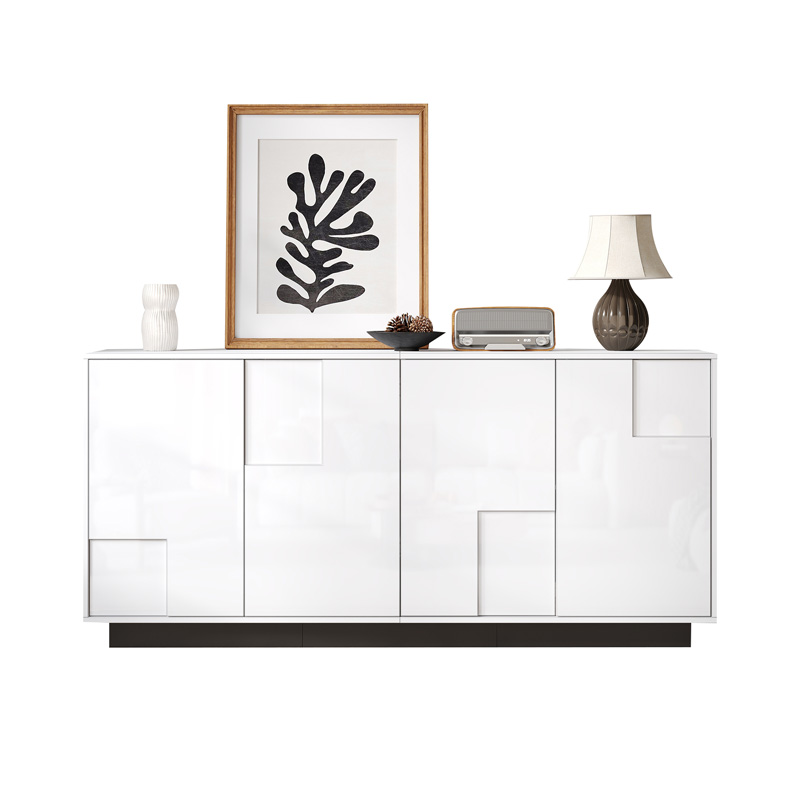 Buffet blanc et noir 160 cm avec quatre portes géométriques brillantes, étagères intérieures et ouverture push-to-open