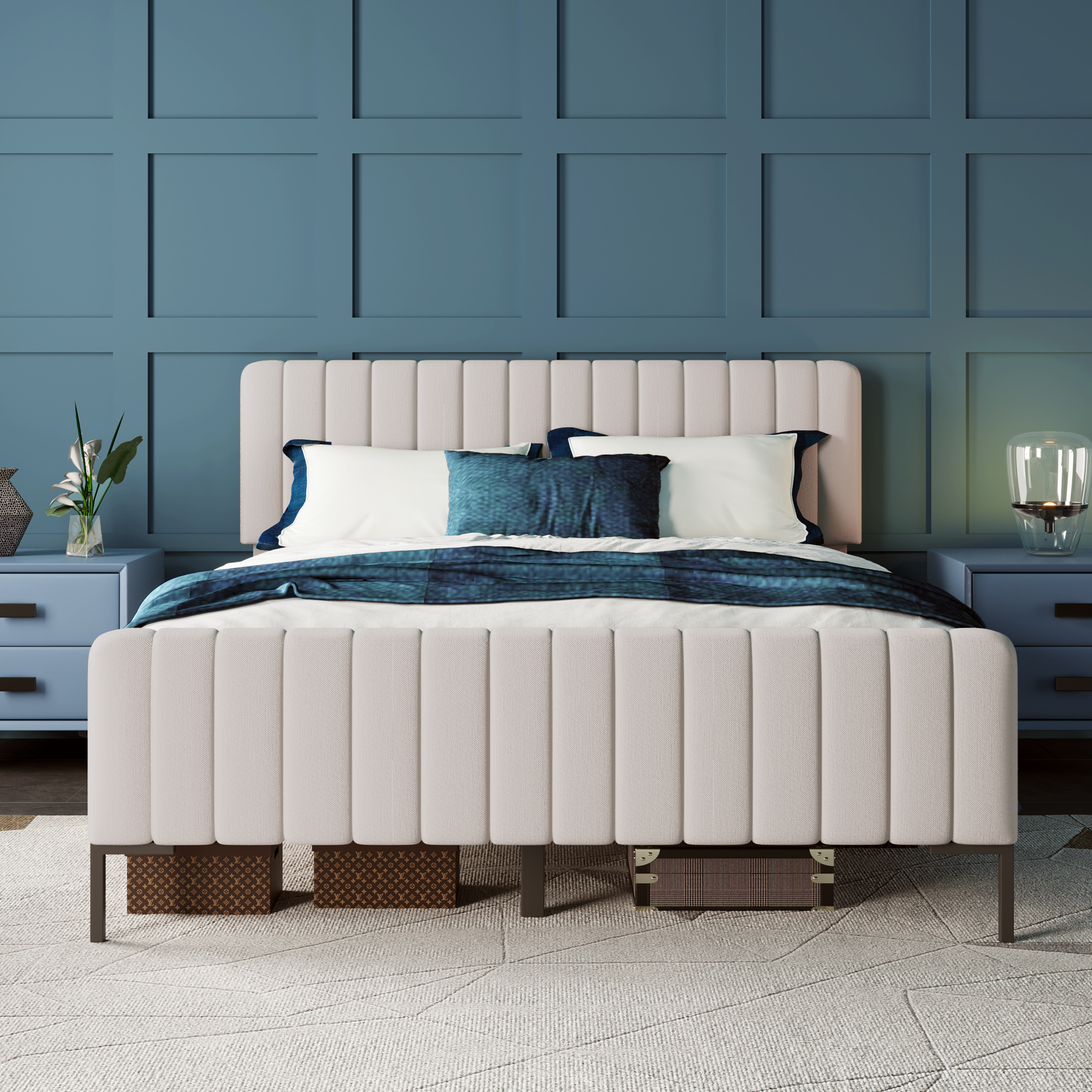 Lit double gris-beige tête réglable vue complète chambre