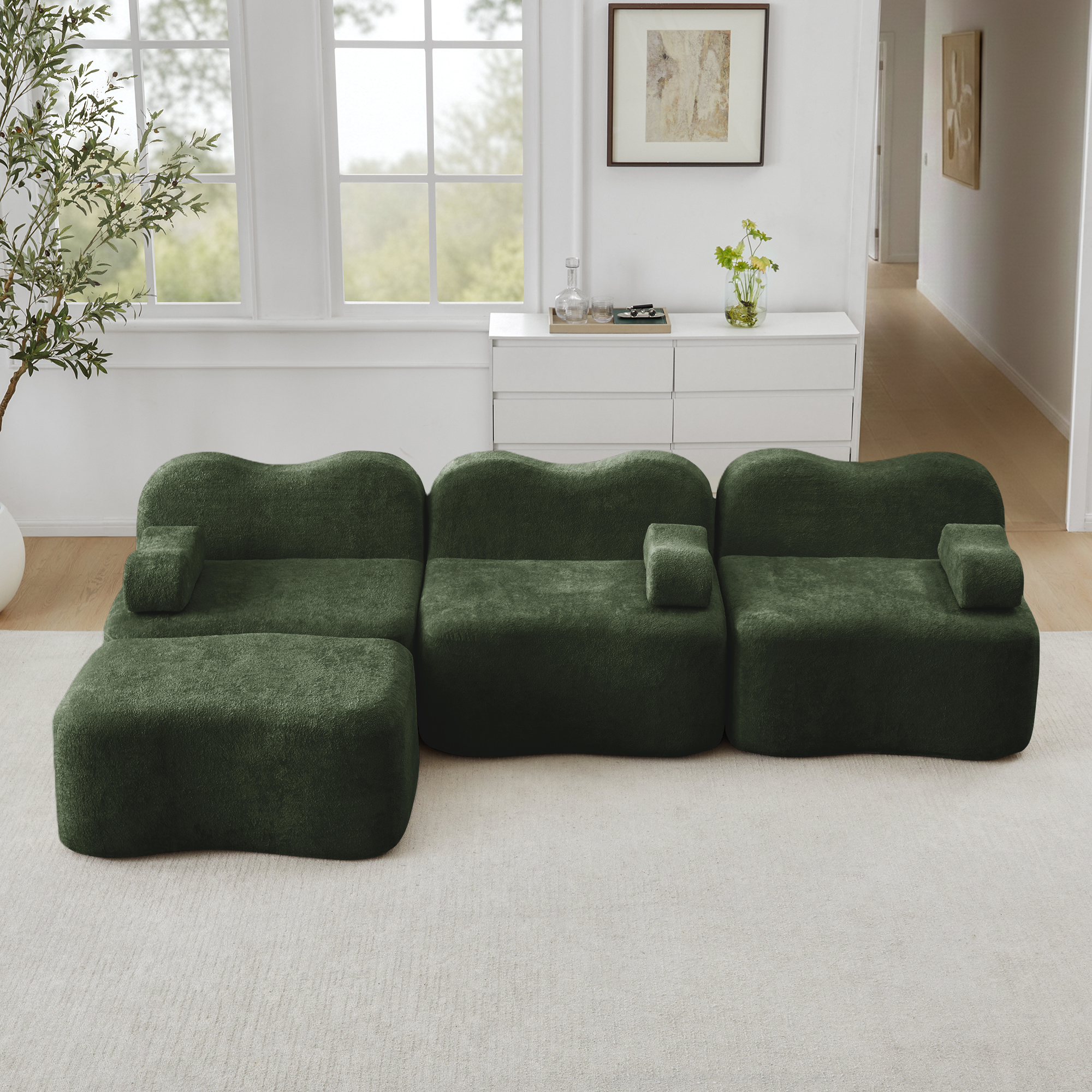 Canapé modulaire d’angle 3 places vert avec ottoman, forme ondulée, assise profonde