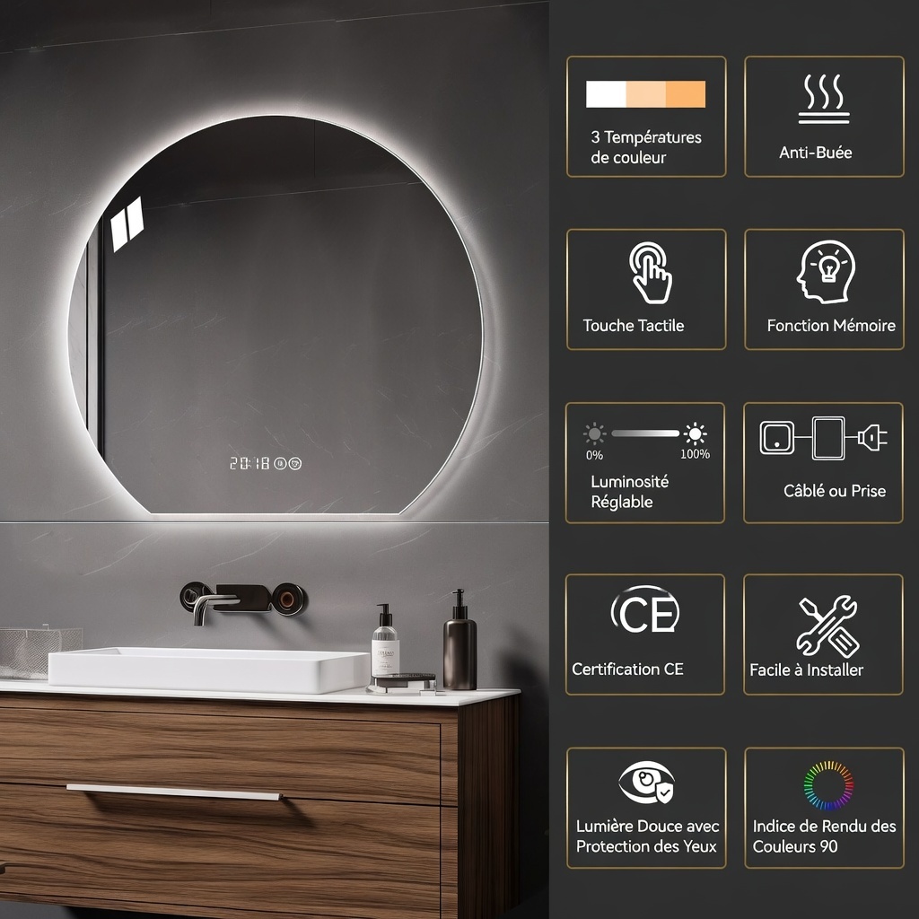 Miroir rond LED allumé complet