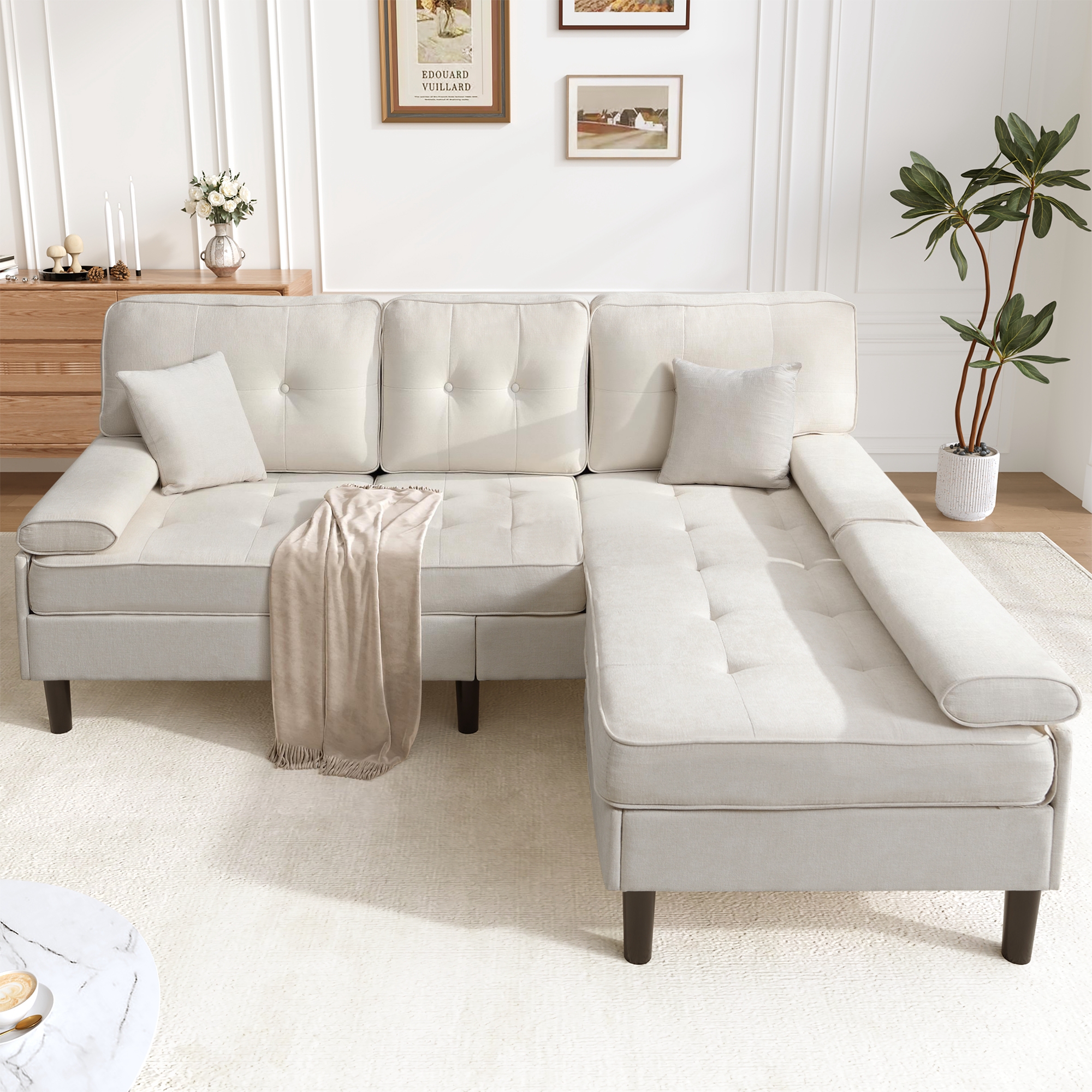 Canapé L chenille gris modulaire avec pouf en position chaise longue