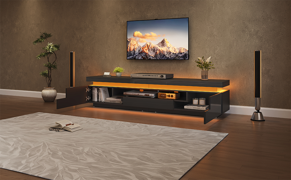 Meuble TV noir brillant 175 cm avec LED, 2 placards, 1 tiroir et rangement semi-ouvert