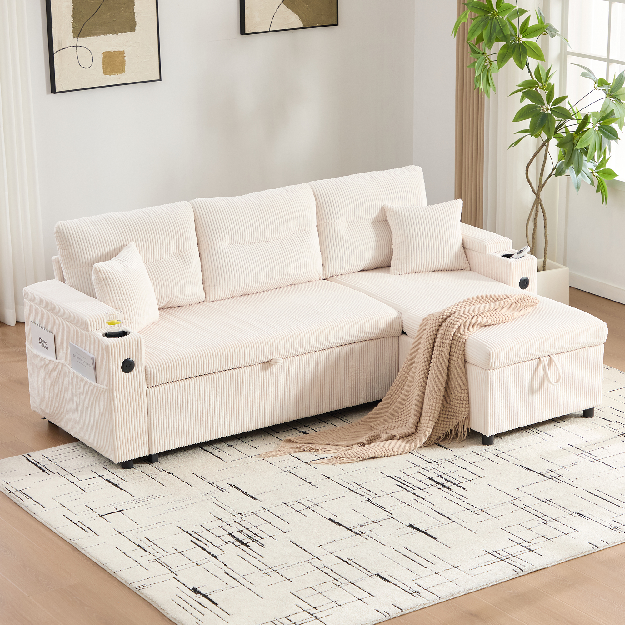 Canapé convertible 3 places beige en velours côtelé avec méridienne coffre, couchage extractible et ports USB-C