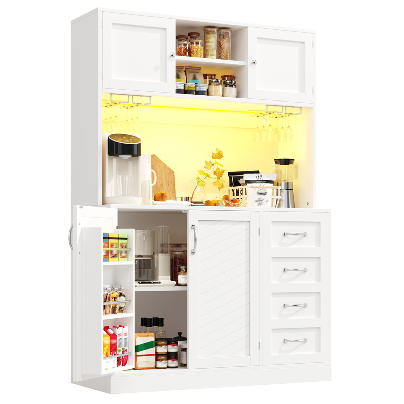 Buffet haut blanc avec éclairage LED, quatre portes, deux tiroirs, rangements pour snacks et boissons