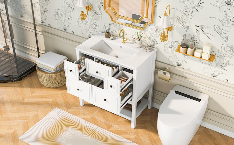 Meuble vasque sur pied blanc avec vasque en céramique, 5 tiroirs et niches de rangement ouvertes