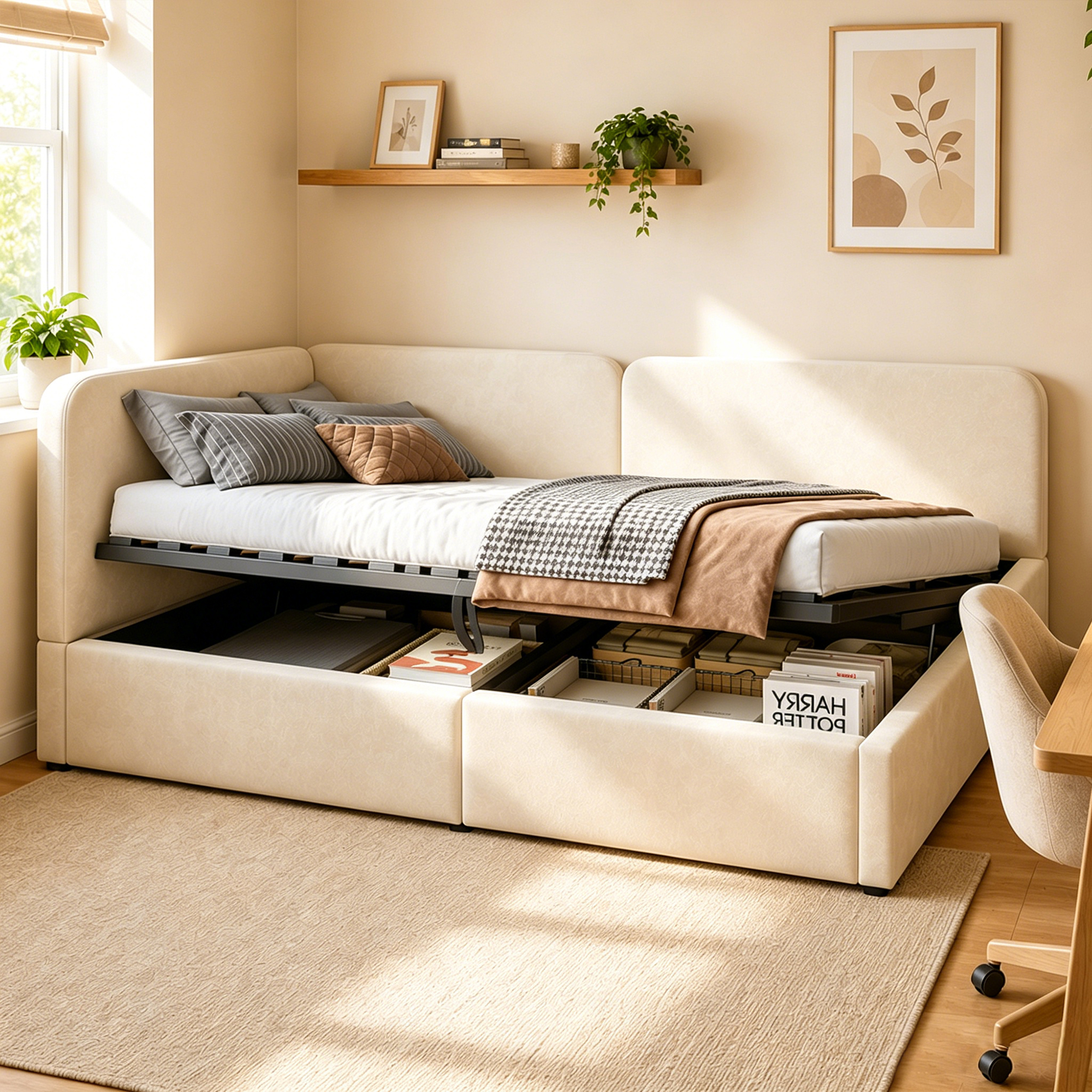 Lit banquette rembourré beige 140 x 200 cm avec coffre hydraulique