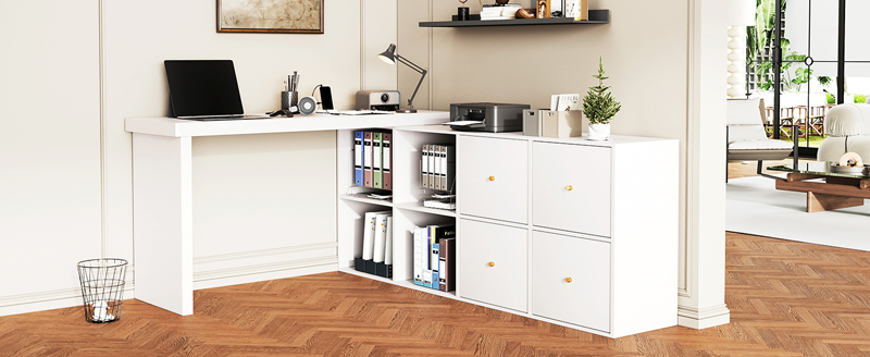 Bureau blanc pivotant à 360 degrés avec caisson, 4 compartiments et 4 tiroirs