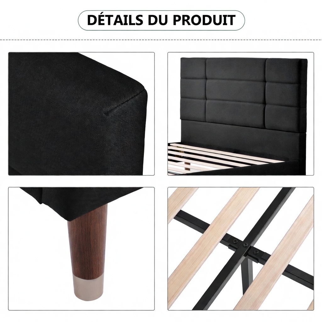 Lit LINHOO design élégant noir avec pieds bois