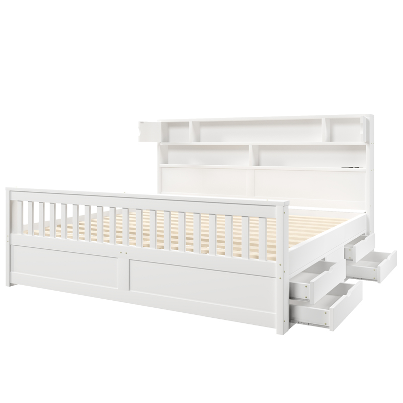 Lit plateforme blanc 180 x 200 cm avec rangements, LED, USB et 4 tiroirs