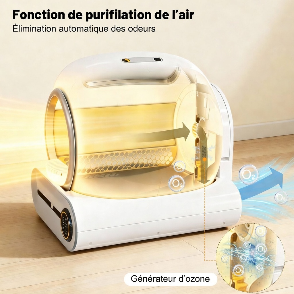 Litière automatique chats 65 L blanche avec tambour et capteurs