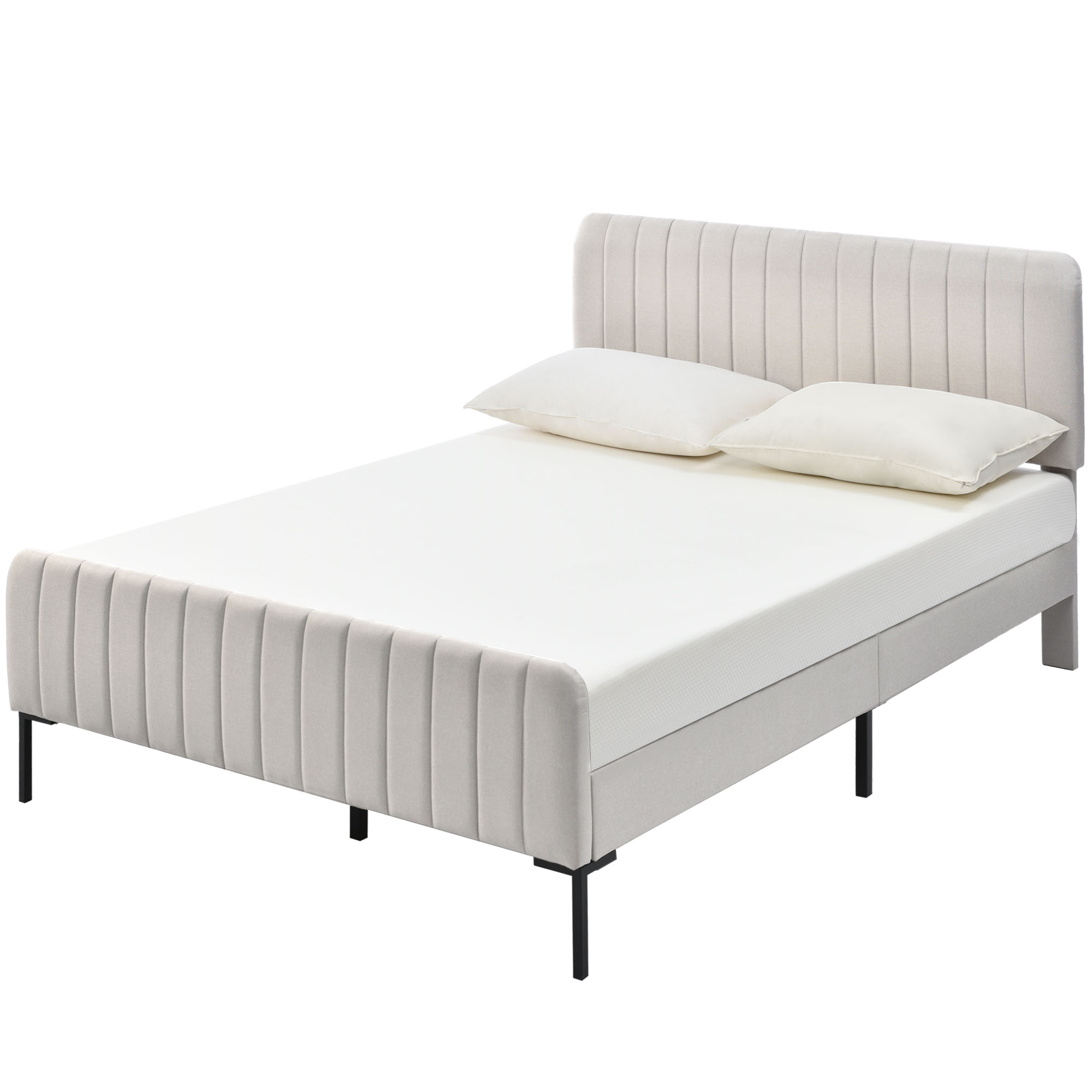 Lit beige lin installé en chambre minimaliste moderne