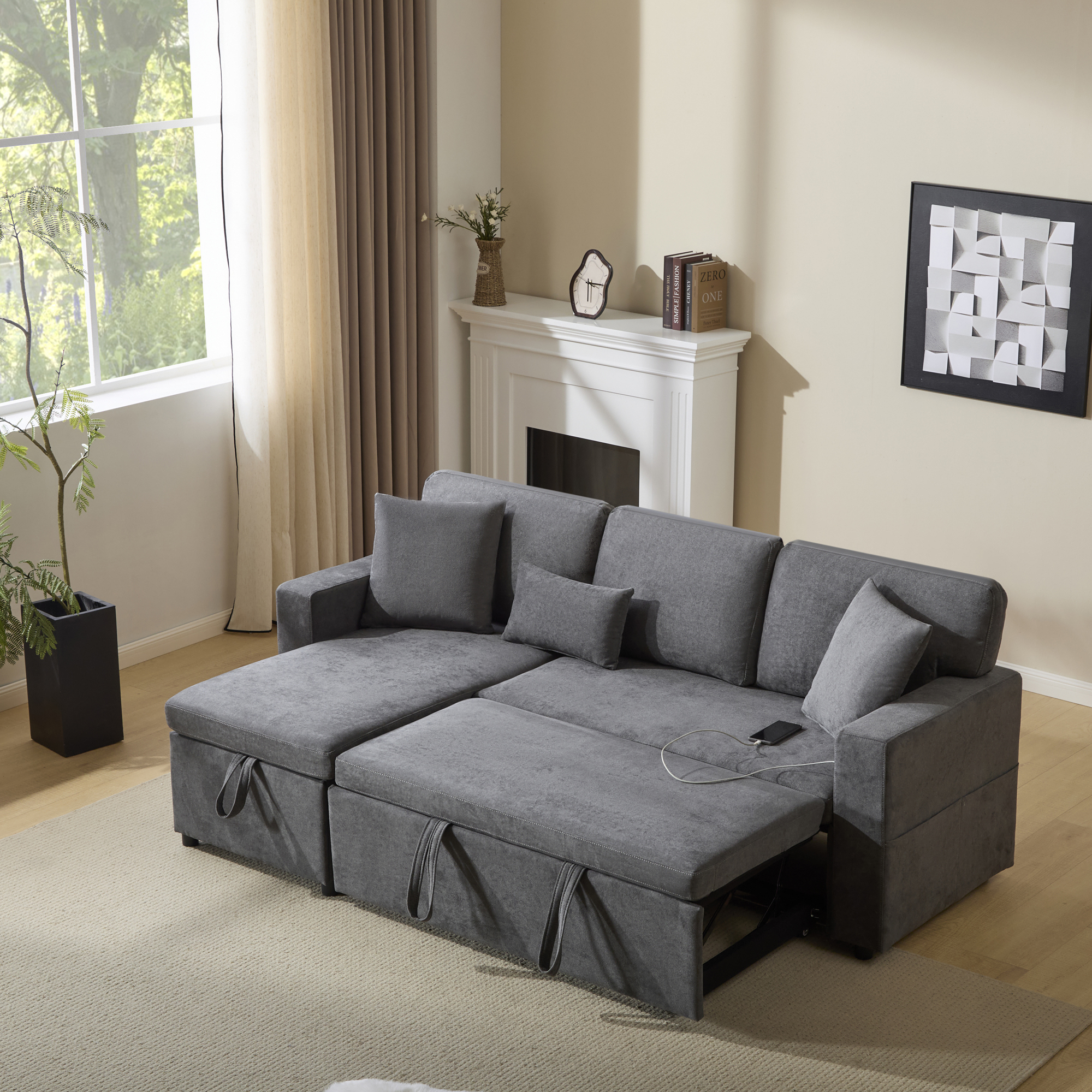 Canapé d’angle convertible 4 places gris foncé en tissu Oxford avec rangement, étagère latérale, port USB et 3 coussins