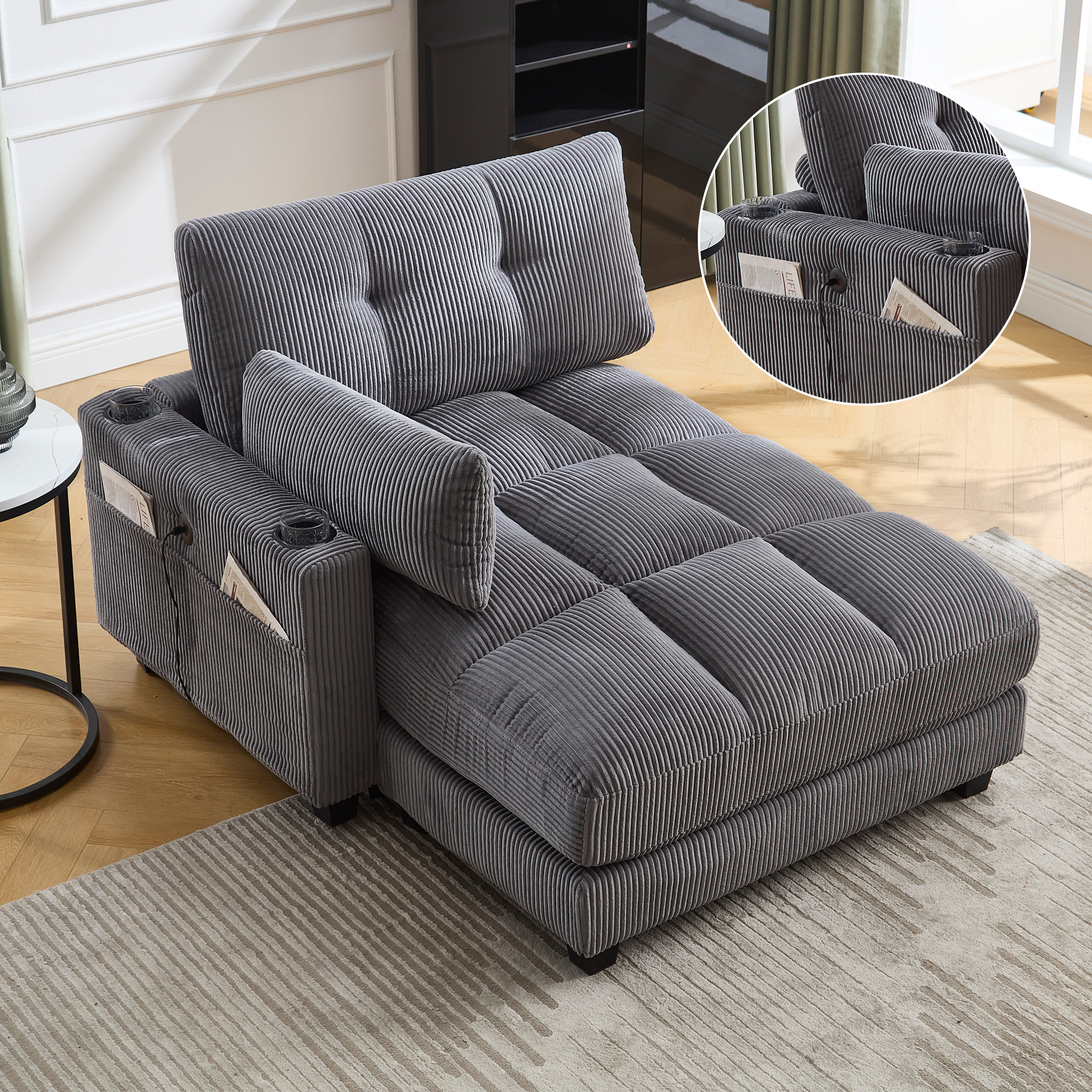 Fauteuil lounge gris en velours côtelé avec appuie-tête réglable, porte-gobelets, poche latérale et port de recharge