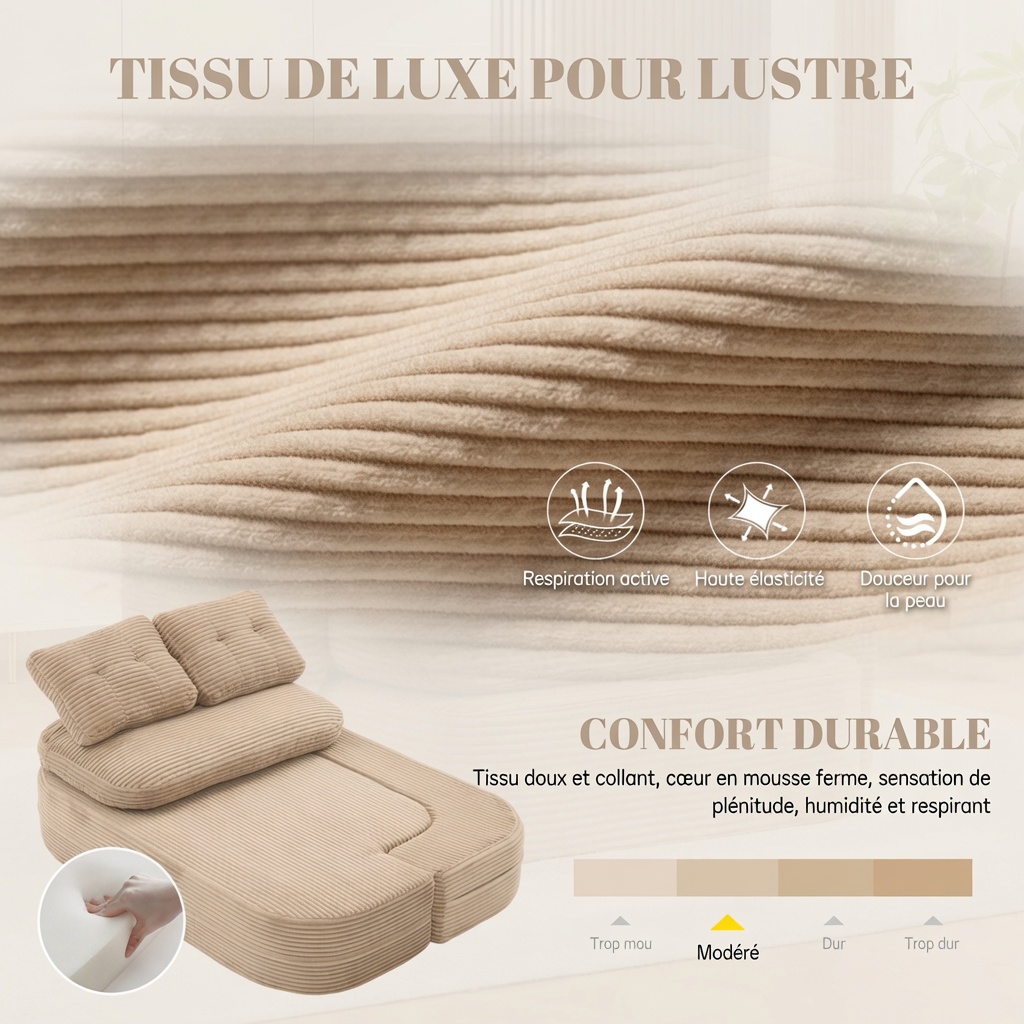 Fauteuil convertible 2 en 1 kaki en velours côtelé avec accoudoirs réglables, porte-gobelets et assise profonde