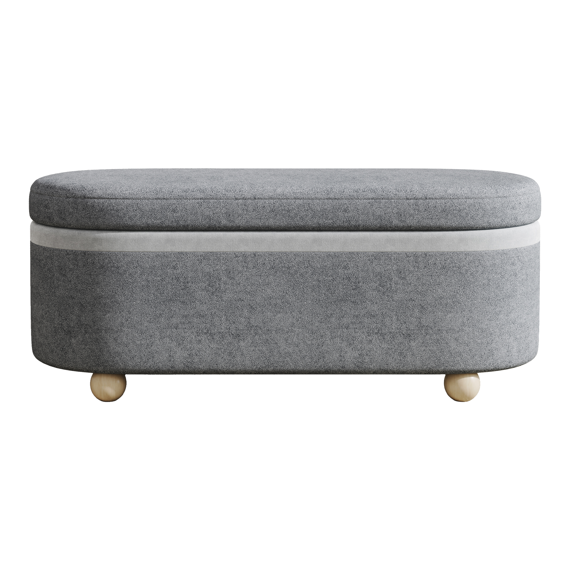 Détail pieds bois arrondis sur banc coffre gris