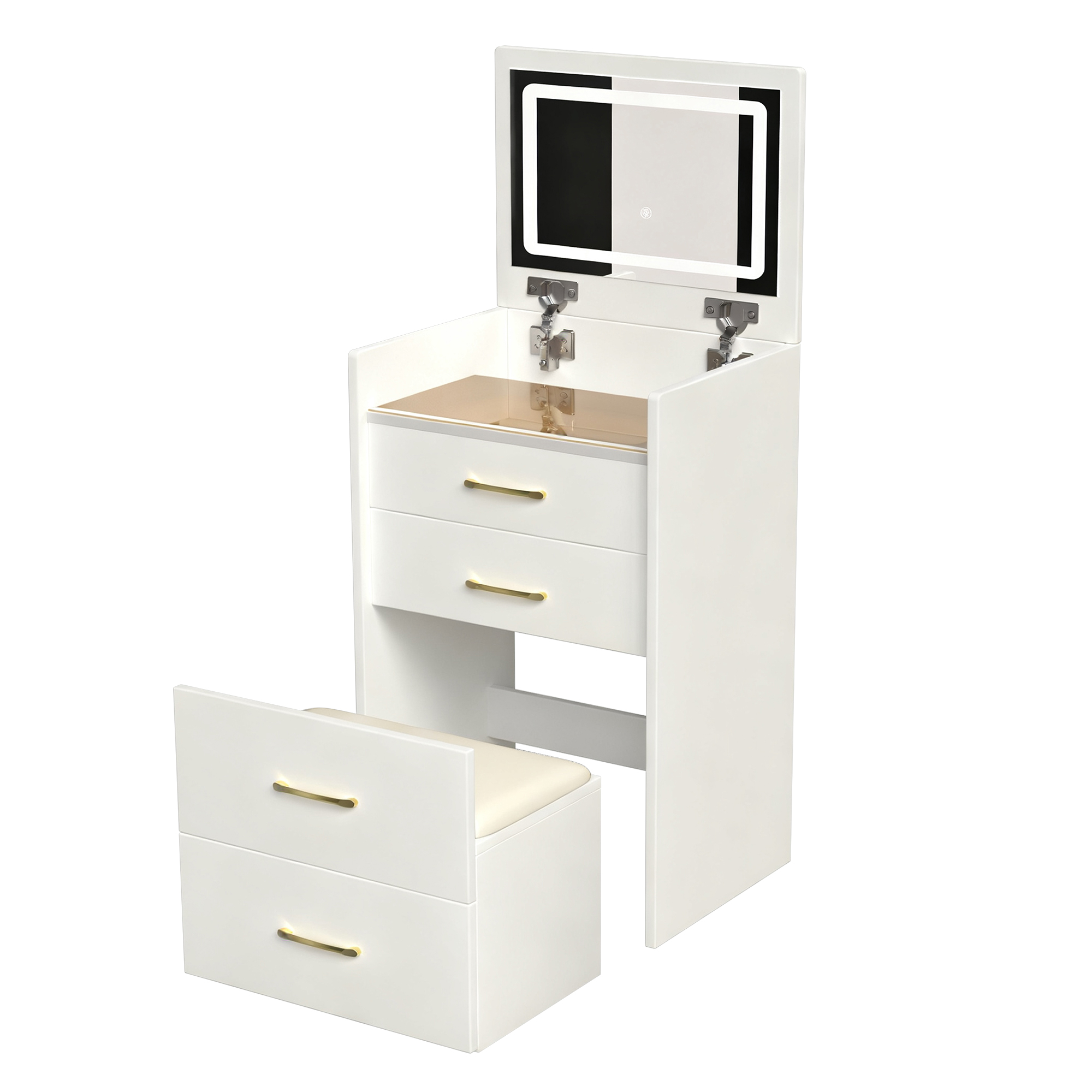 Tabouret rangé sous coiffeuse tiroirs ouverts rangement bijoux