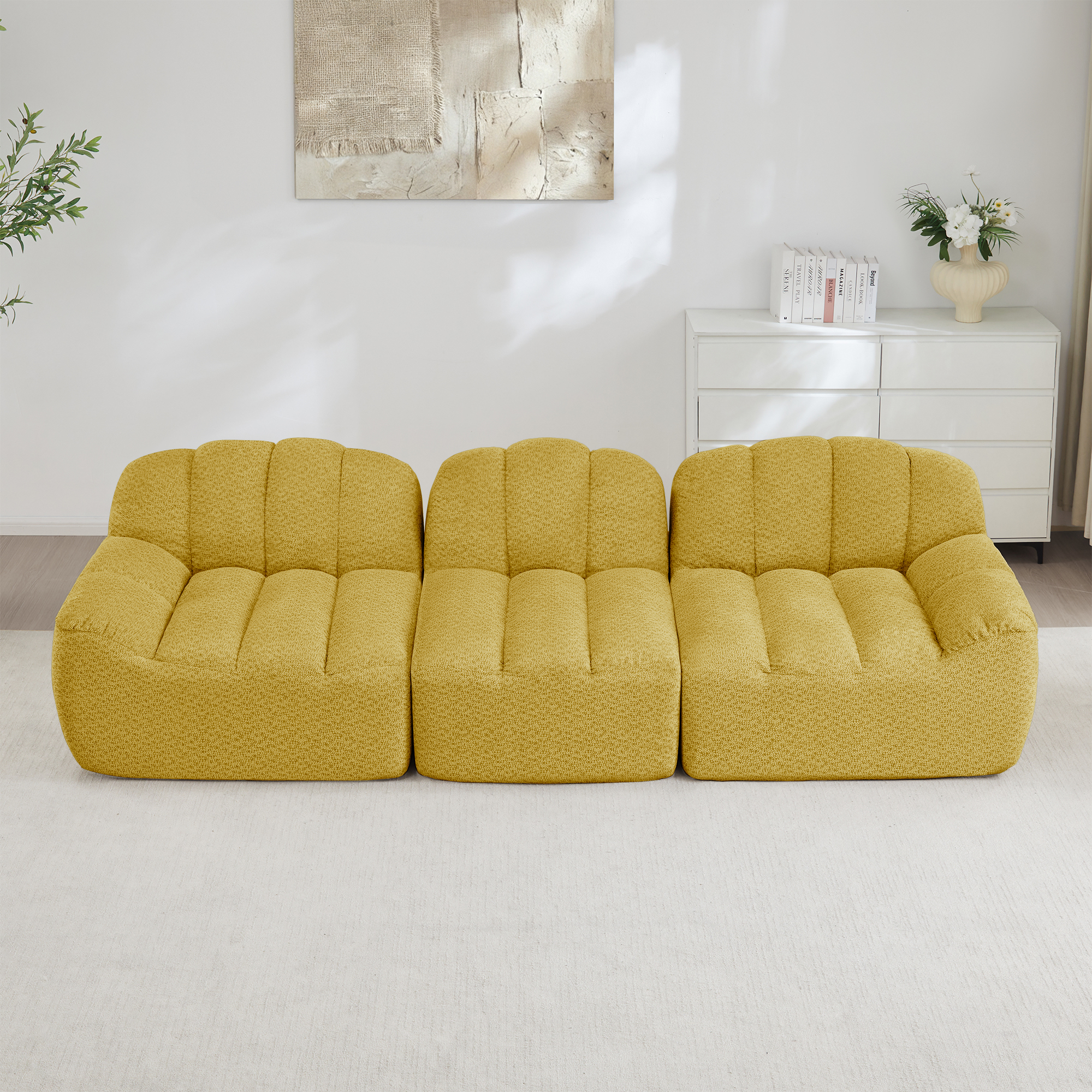 Canapé modulable 3 places jaune sans structure en tissu polaire texturé avec assise profonde