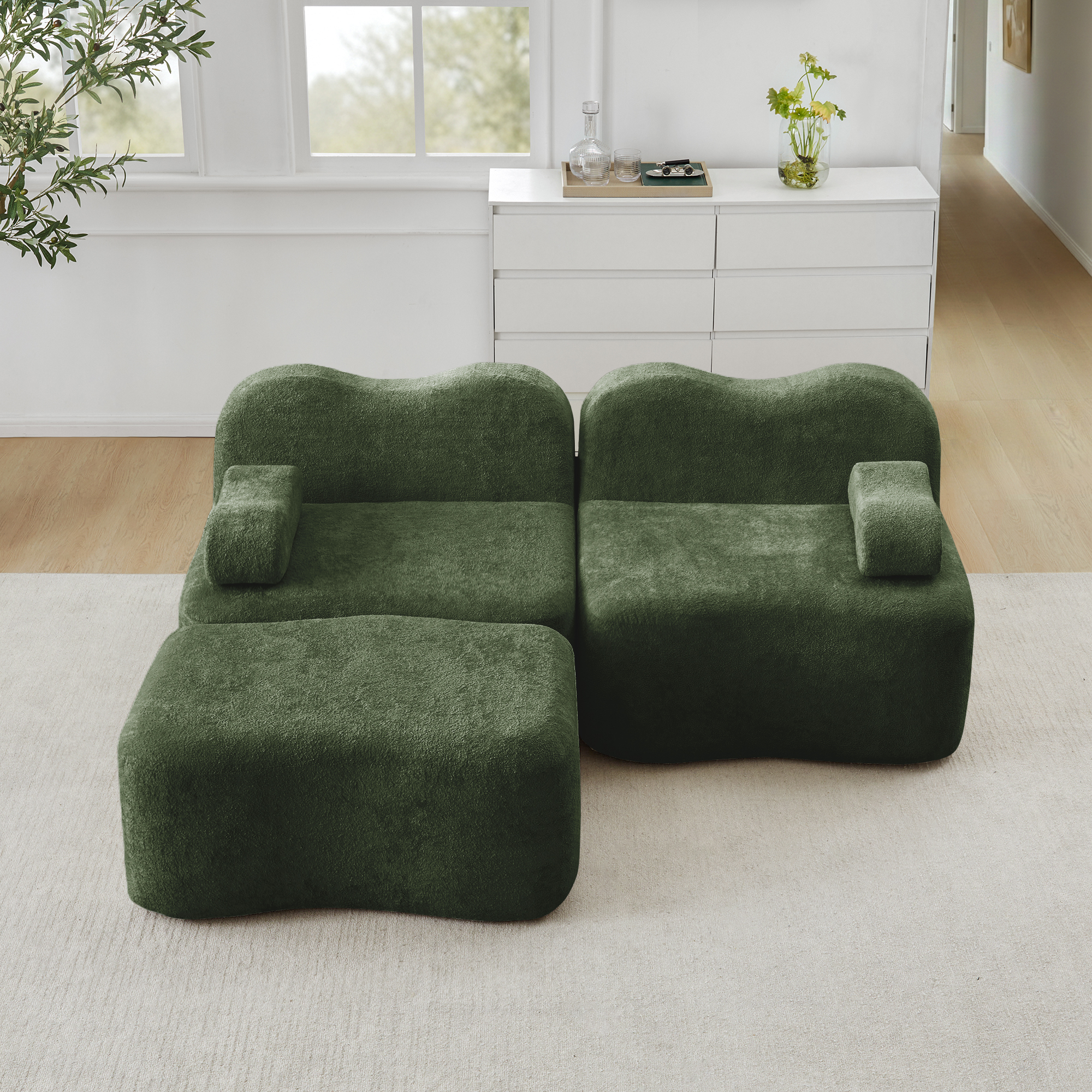 Canapé modulaire 2 places en L vert avec ottoman, assise profonde et forme ondulée