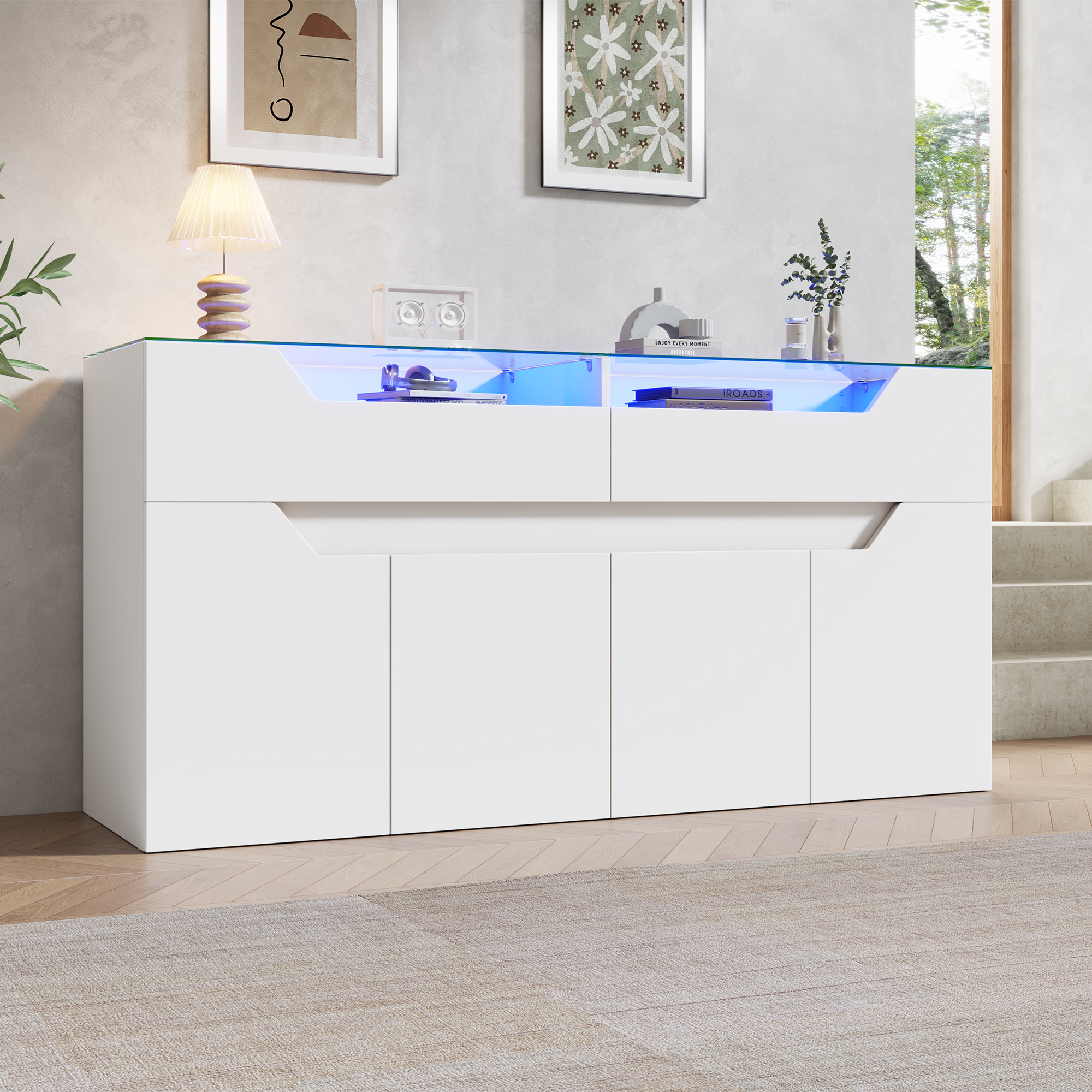 Buffet blanc 140 cm avec plateau en verre trempé, tiroirs et éclairage LED