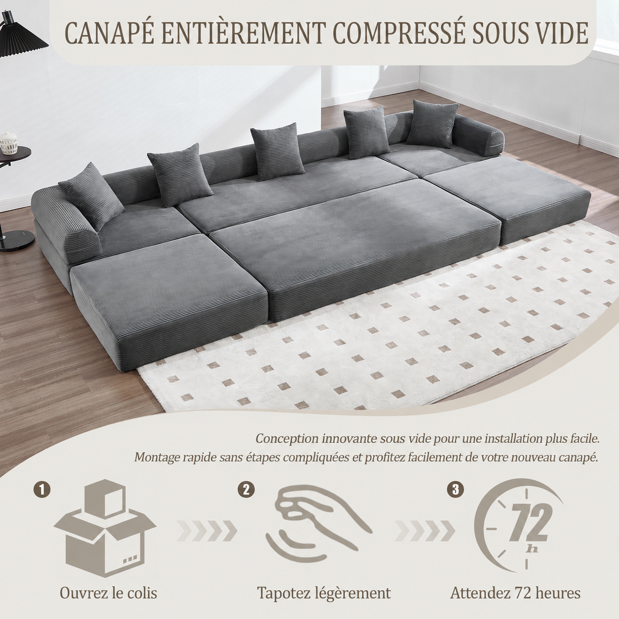Canapé familial modulable 4 places gris foncé en velours côtelé avec rangement latéral et fonction couchage
