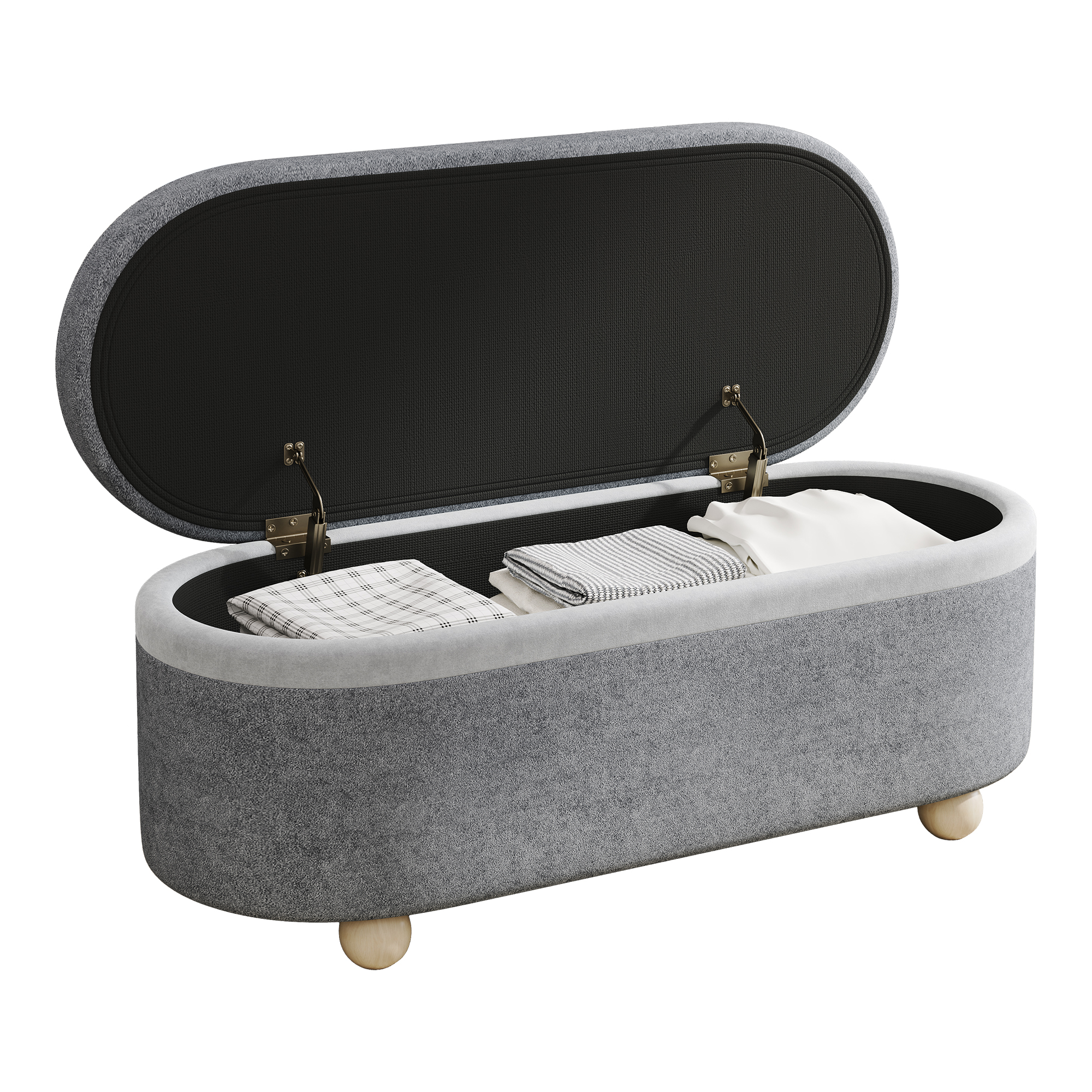 Banc coffre gris utilisé comme siège dans couloir avec chaussures