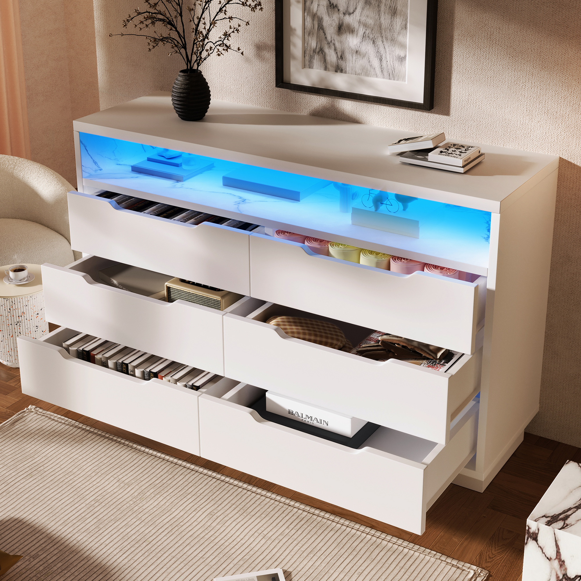 Buffet blanc vue latérale structure robuste