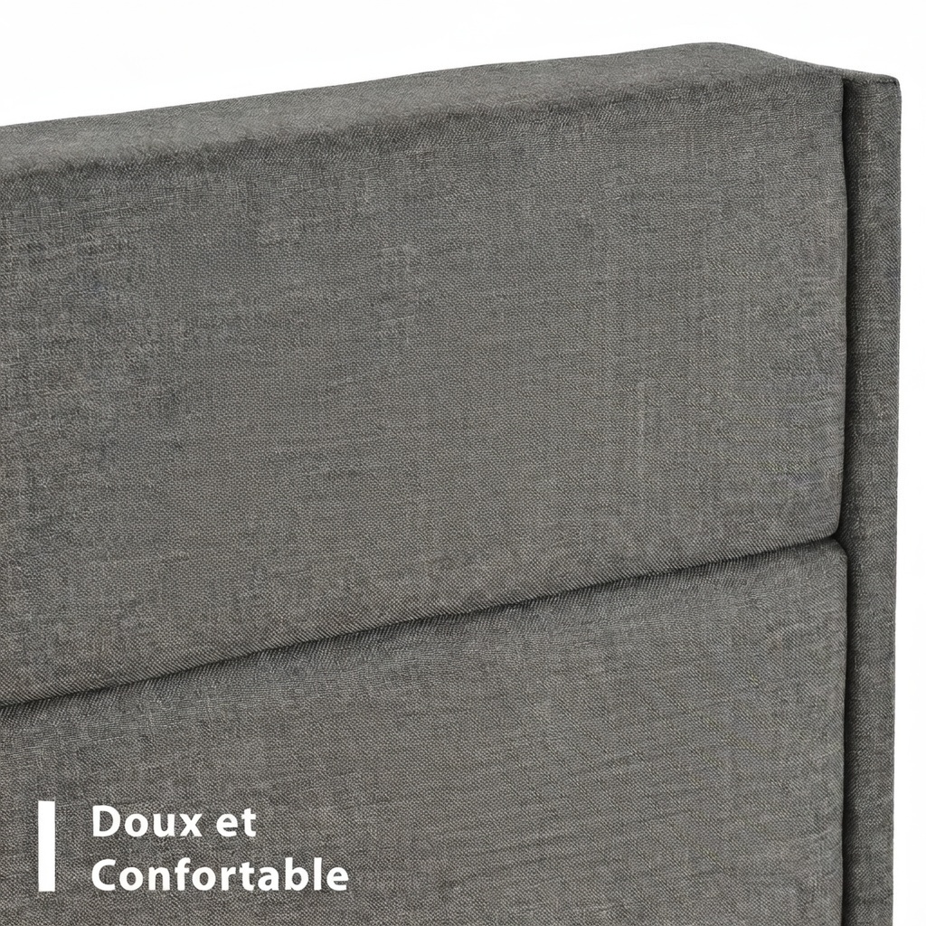 Détail tissu lin gris foncé et rembourrage tête de lit