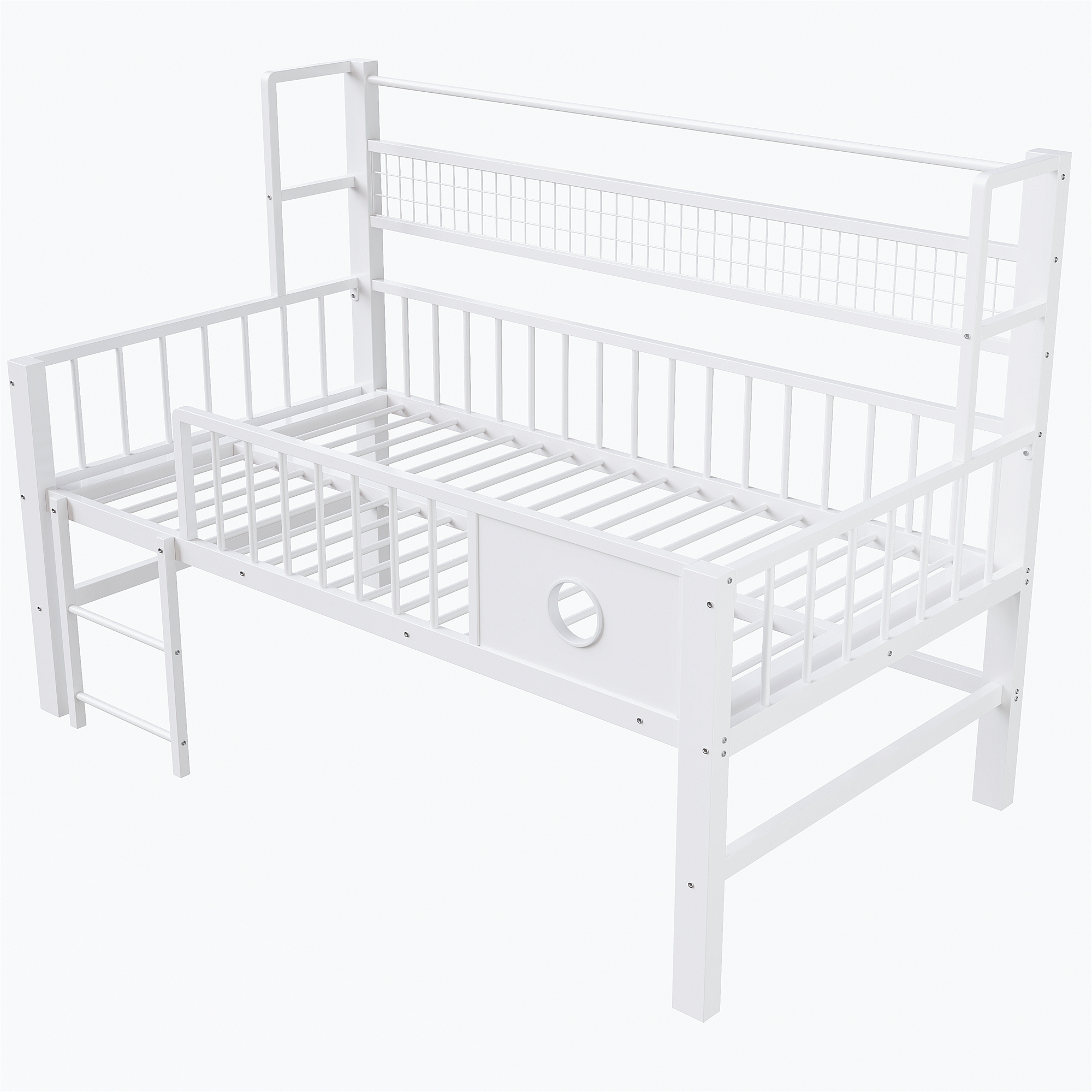 Lit mezzanine bas enfant blanc avec garde-corps et rangement dessous