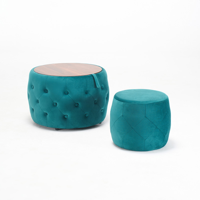 Lot de 2 poufs gigognes ronds en velours bleu avec rangement et plateau en bois