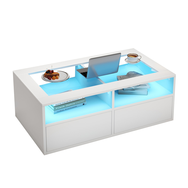 Table basse blanche 100 x 50 x 35 cm avec plateau en verre trempé, éclairage LED et 2 tiroirs