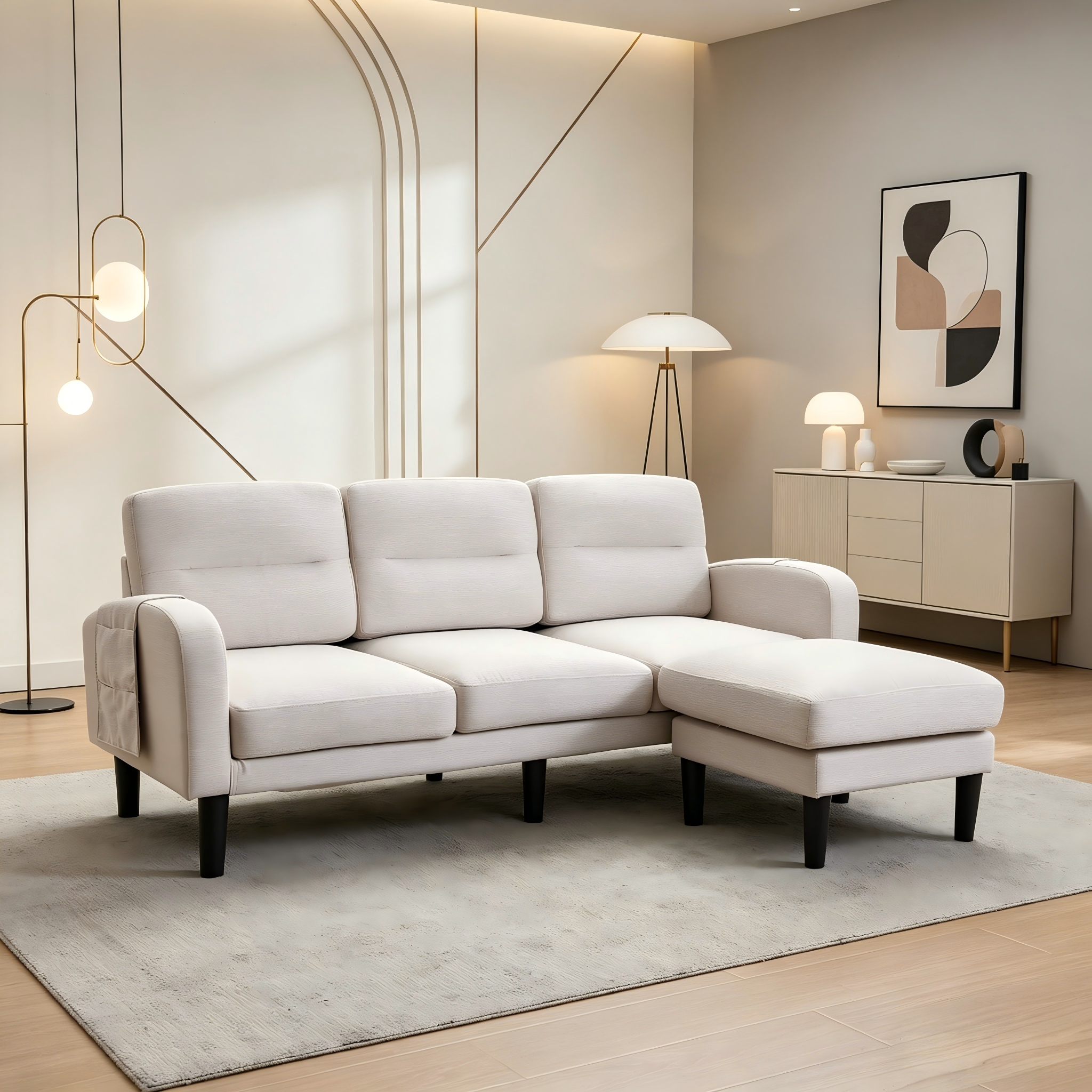 Canapé d’angle 3 places beige en L avec méridienne, poches de rangement latérales et 10 pieds de soutien