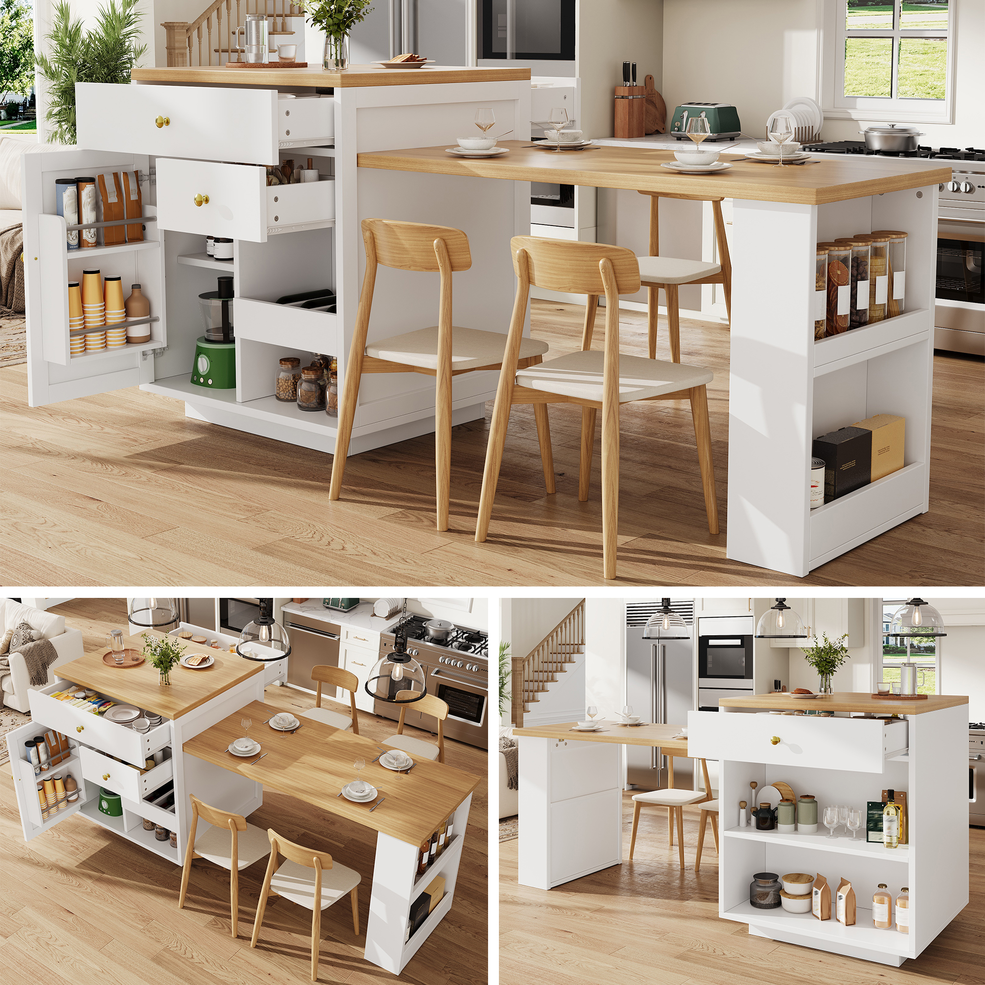 Îlot central de cuisine blanc avec plateau extensible, tiroirs, rangements et porte-bouteilles