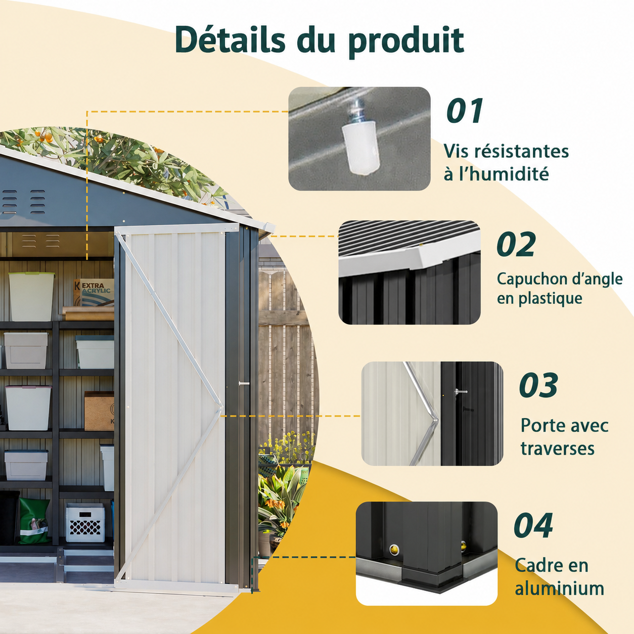 Abri de jardin en métal noir avec porte coulissante verrouillable, base surélevée et 4 aérations