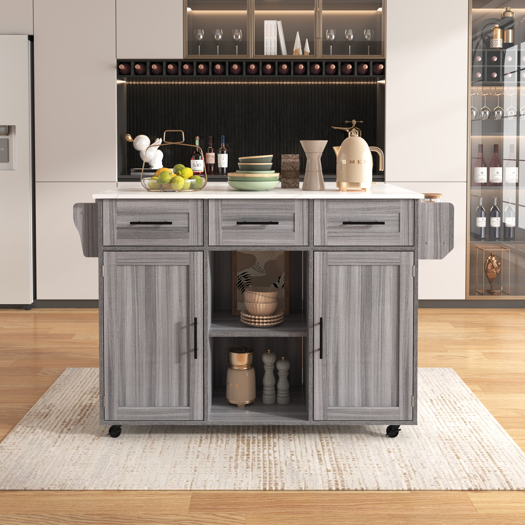 Îlot cuisine mobile plateau étendu LED RGB allumée