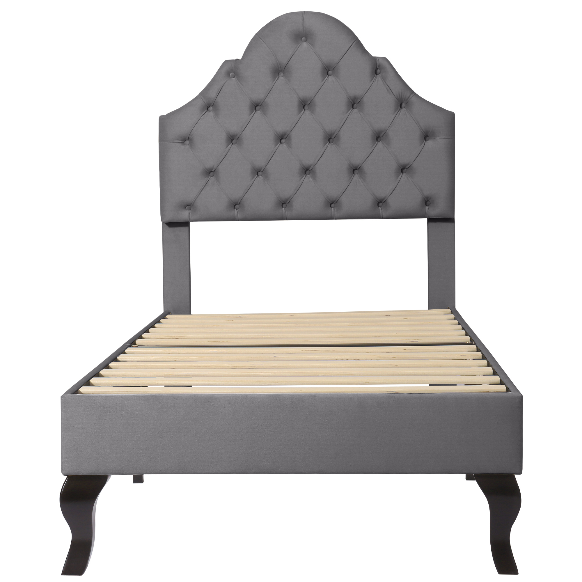 Détail tête de lit réglable capitonnée velours gris