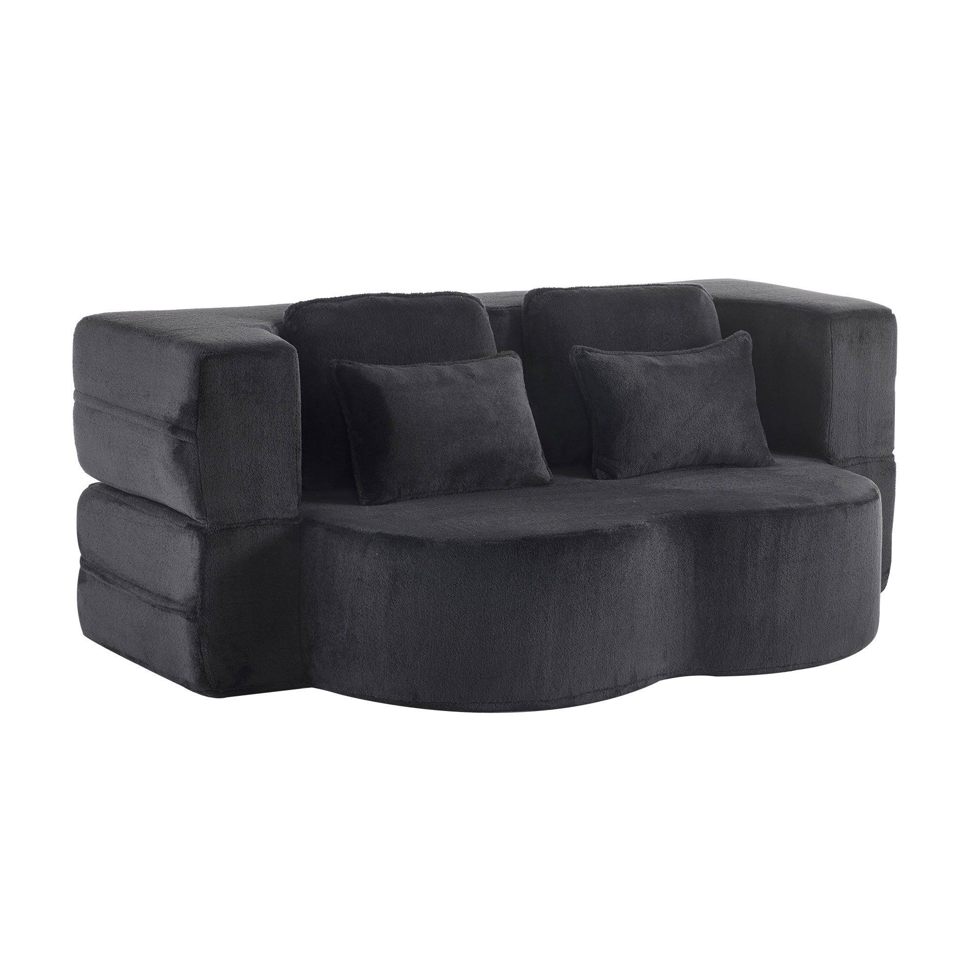 Grand canapé de sol noir avec 4 coussins, revêtement en flanelle et mousse haute densité, sans montage