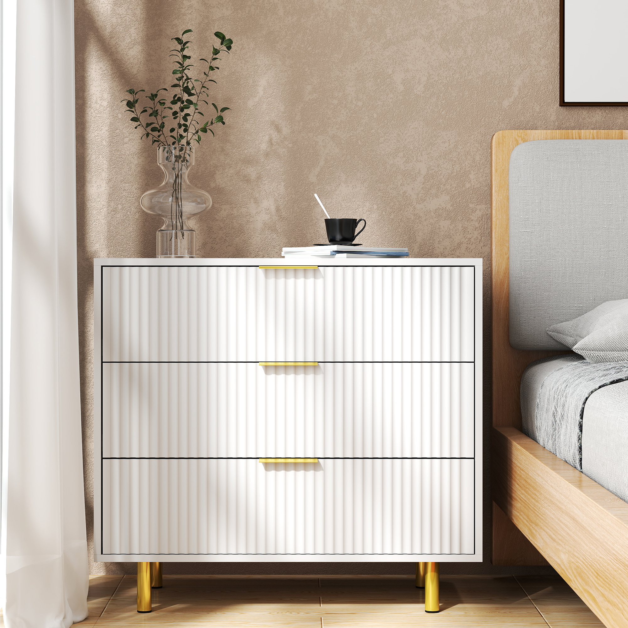 Commode blanche et or 3 tiroirs vue complète