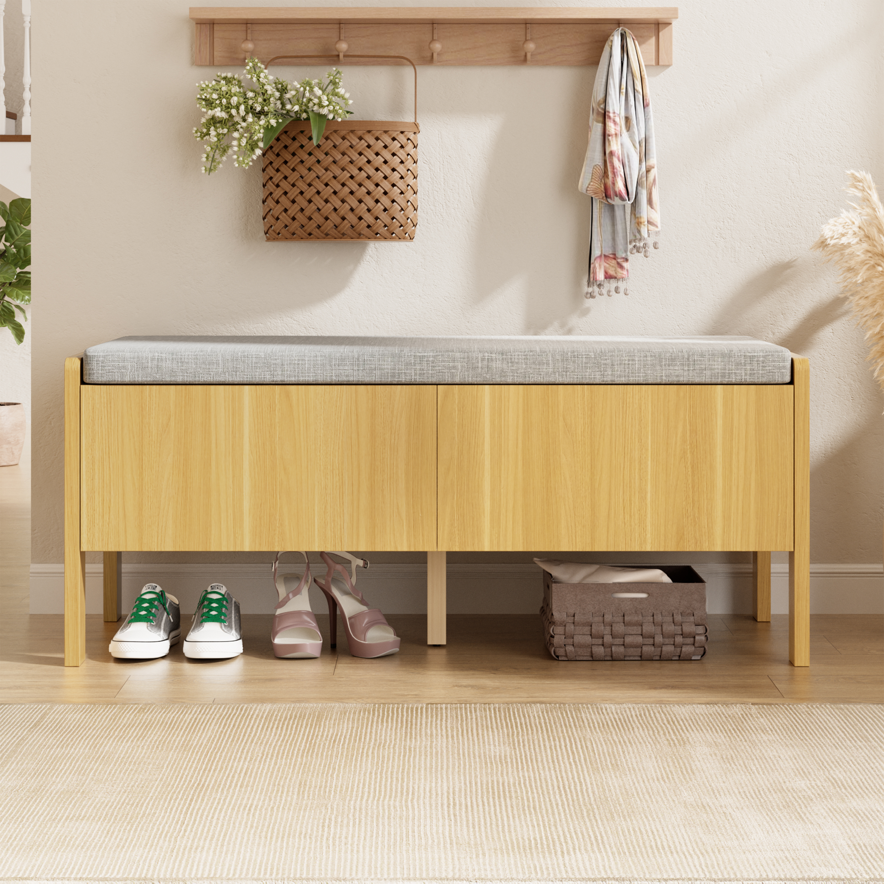 Banc de rangement naturel et gris avec tiroirs et cotes tresses
