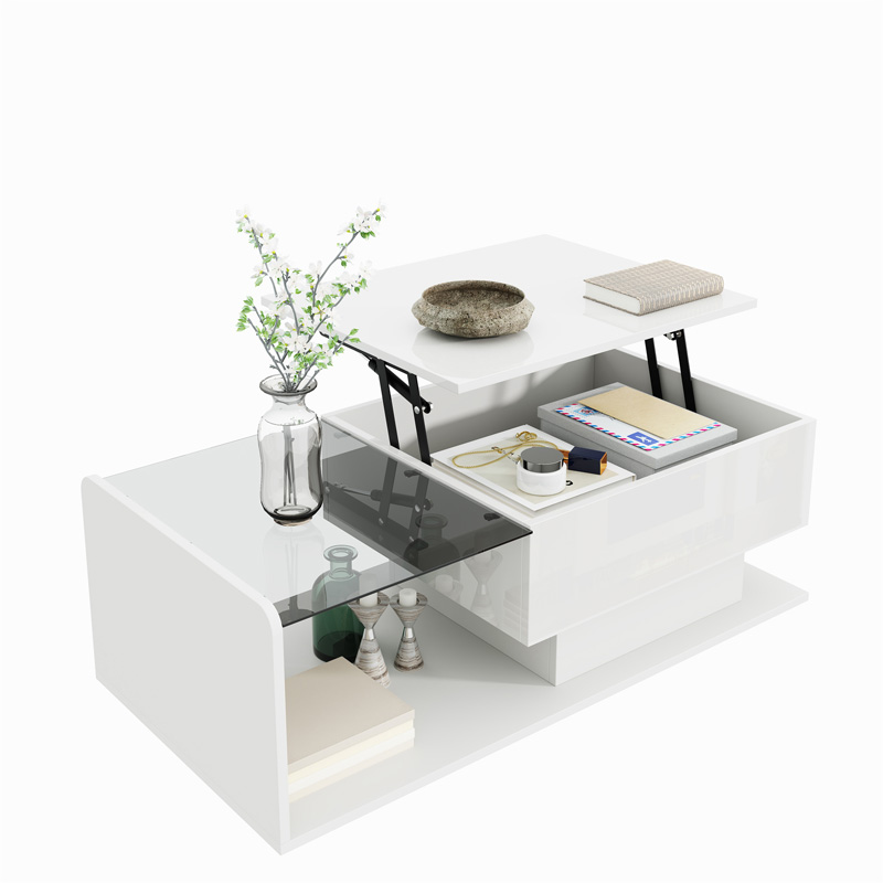 Table basse blanche brillante 100 x 50 cm avec plateau relevable en verre trempé, rangements et éclairage LED