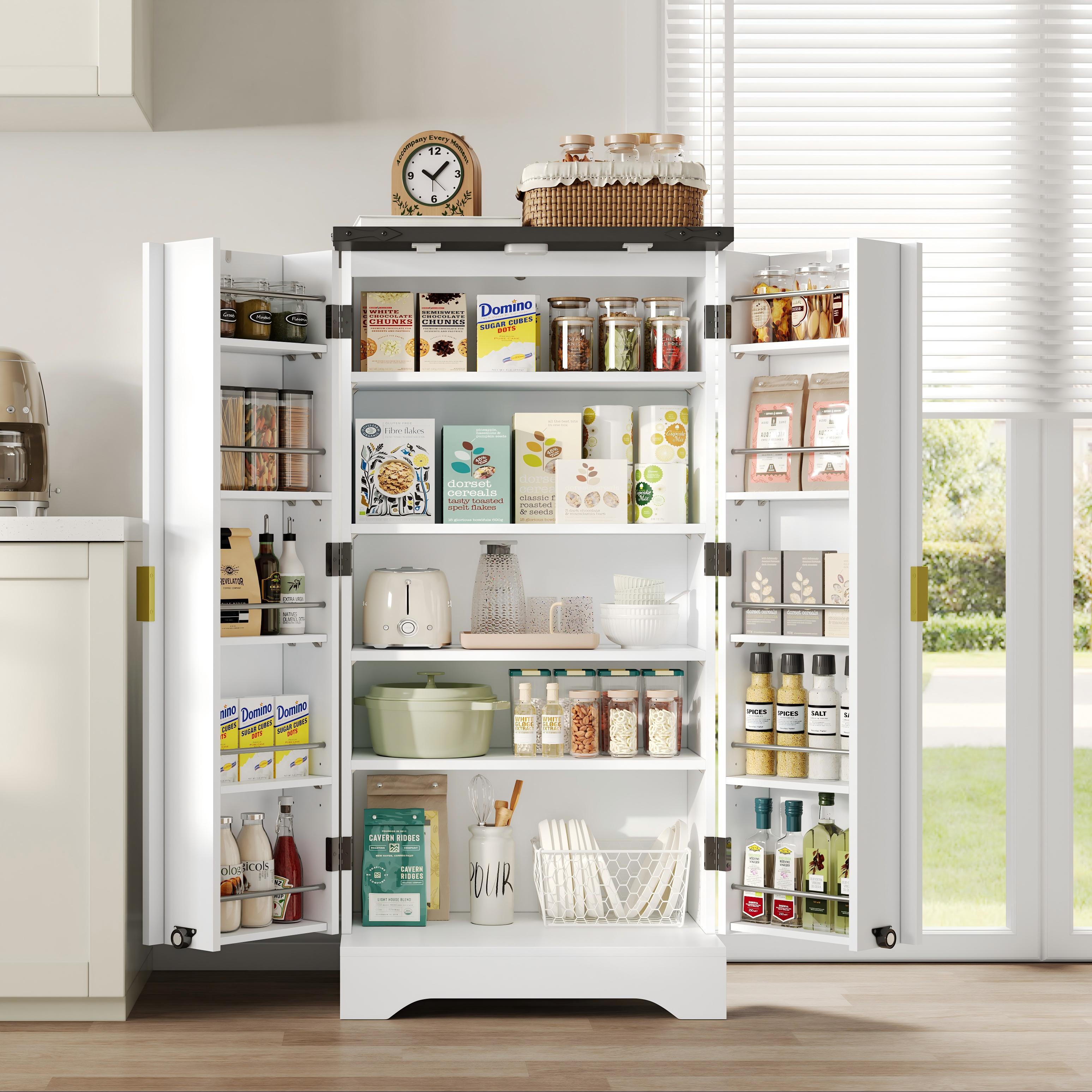 Vue latérale armoire haute blanche avec poignées et structure