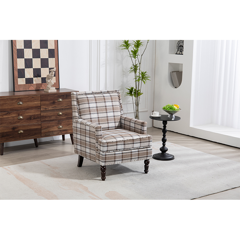 Fauteuil accent vintage rayé bleu/blanc vue complète salon