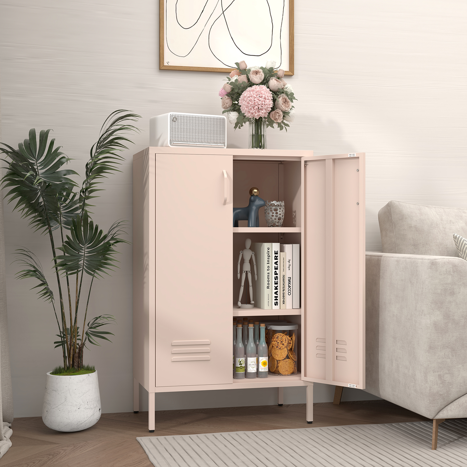 Armoire métal rose portes ouvertes étagères réglables